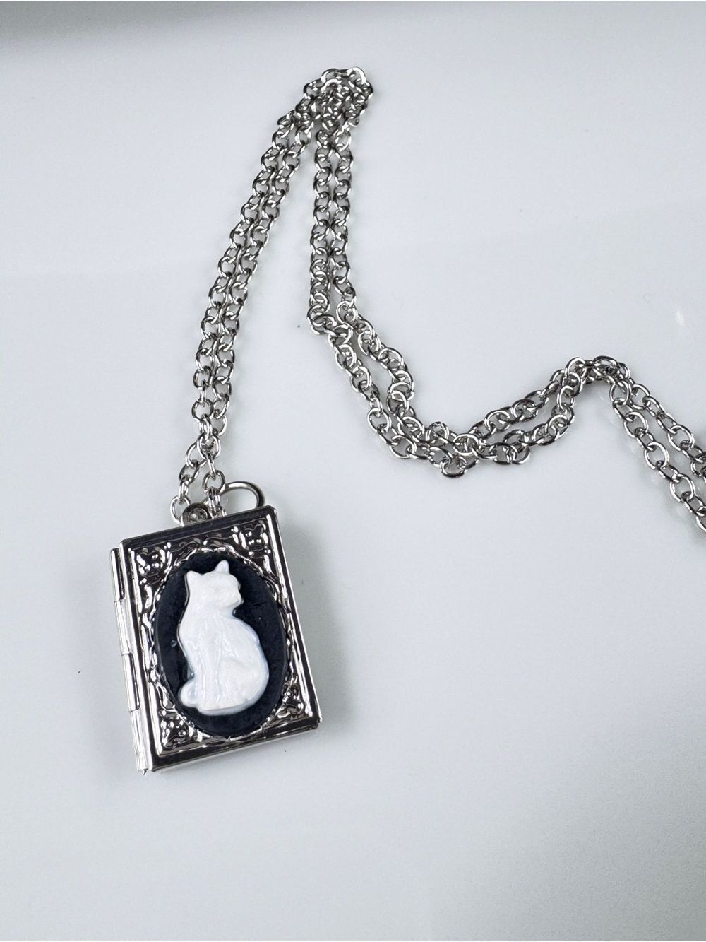 Cameo Kitty Cat Locket Book Necklace with White Cat Cameo